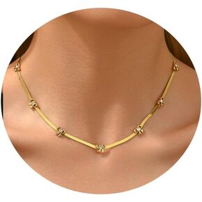 Gold Necklace for Women 18K Gold Plated Dainty Bow with Pearl Pendant Necklace Tiny CZ Bow Herringbone Chain Necklace Trendy Necklaces Gold Jewelry