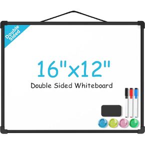 MaxGear Double-Sided Dry Erase Board for Wall, 16"x12" Hanging Whiteboard, Small White Board with 3 Markers&4 Magnets, Portable for Students - Planning, Drawing, Memo, to Do List, Black Frame
