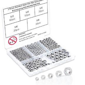 170 Pcs Metric Hex Nuts Assortment Kit, M3 M4 M5 M6 M8 Stainless Assorted Hex Nuts Set for Screw Bolt