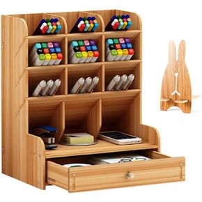 Wooden Desk Organizer, Multi-Functional DIY Pen Holder Storage Box Desktop Stationary Storage Rack for Home, Office and School (B11 Cherry Color)