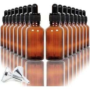 Youngever 16 Pack 1 Ounce Amber Glass Dropper Bottles for Essential Oil, 2 Stainless Steel Mini Funnels