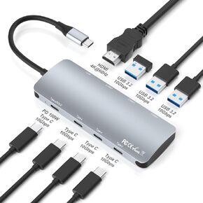 8 in 1 USB C Hub 10Gbps USB C Multiport Adapter with 4K HDMI, 3 USB-C 3.2 Gen 2, 3 USB-A 3.2, 100W Power Delivery, USB C Hub Compatible with MacBook Pro/Air, Chromebook and Other USB C Laptops