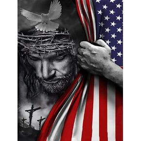 5D Diamond Art Painting by Number Kits Full Drill for American Flag Religious God Jesus Christ 16x20 Inch Round Drill Diamond Art Dots for Adults Crafts Cross Stitch Wall Decor