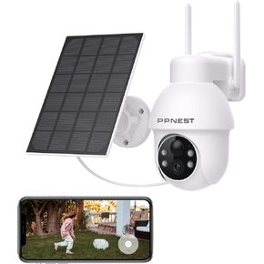 Solar Security Camera Outdoor Wireless, Battery Powered 360°PTZ, PIR Motion Detection, 2K Color Night Vision, 2.4GHz WiFi Cameras for Home Surveillance, Light and Sound Alarm, 2-Way Audio, SD/Cloud