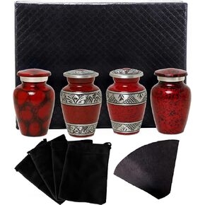 Small Urns for Human Ashes of Adult Male Female | Set of 4 Red Keepsake Vials for Funeral Remains with A Paper Funnel 4 Velvet Bags and A Beautiful Gift Box | Keepsakes and Urns