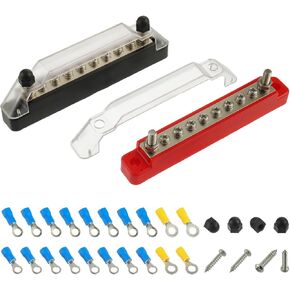 BOJACK 12V Bus Bar 6 x 1/4"(M6) Post, 12 Volt Battery Power Distribution Block with Cover with Mounting Screws and Ring Terminals for Car Boat Marine Boat and Yachts(Black+Red)