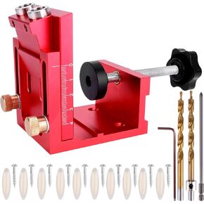 Pocket Hole Jig Kit Adjustable Woodworking Tool for 15° Angle Pocket Hole Drilling Guide Clamp Set,Pocket Screw Jig System (A-red)