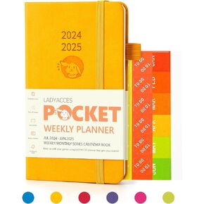 Pocket Calendar 2024-2025 by LADYACCES - Academic Year Jul 2024 - Jun 2025 for Use, Small Weekly Planner for Purse, with Vegan Leather Hard Cover, Inner Pocket, Sunday Start - 3.5" x 6" - Lake Blue