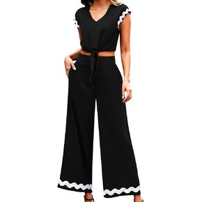 ملابس الصيف النسائية 2 قطعة كم كاب مربوط المحاصيل القمم بنطال ذو قصة أرجل واسعة مجموعات 2024 ملابس الصيف النسائية مجموعات غير رسمية in Kuwait