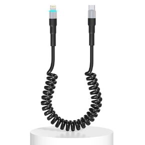 Coiled USB-C to Lightning Cable, Apple Carplay Compatible & MFi Certified, Car USB C Lightning Cable with Data Transmission and LED, iPhone Retractable USBC Charger for iPhone/Pad/Pod