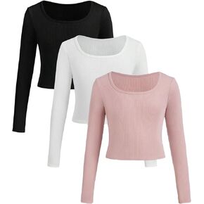 Floerns Girls 3 Pcs Solid Ribbed Knit Square Neck Long Sleeve Crop Tee Shirt Top