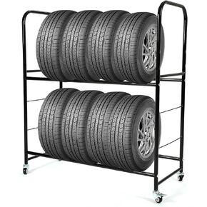 HECASA Tire Rack Storage Garage Shelves 46'' X 19'' X 44'' Holds 8 Tires Adjustable Hight Tire Stand w/Wheels & Protective Cover