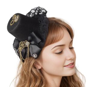 Steampunk Mini Top Hat Hairpin with Gear Chain Lace Ruffle