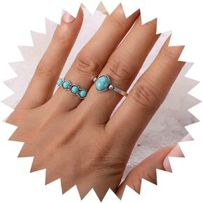 Vintage Turquoise Rings Silver Turquoise Bead Rings Blue Turquoise Finger Ring Oval Turquoise Stone Ring Turquoise Gemstone Ring Knuckle Stackable Ring Set Jewelry for Women and Girls 2Pcs