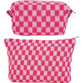 GUTGNK 2Pcs Makeup Bag For Women - Large Checkered Knitted Cosmetic Bags&Small Makeup Pouch Aesthetic Design Travel Toiletry Bag Skincare Bag Car Storage Bag With Zipper(Black)