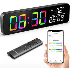 ساعة حائط رقمية مقاس 15.2 بوصة مع تطبيق وجهاز تحكم عن بعد، تخصيص ألوان LED، موجه العد التنازلي الصوتي، أجراس كل ساعة، ساعة منبه مع يوم/تاريخ/درجة الحرارة in Kuwait