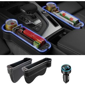 LED Car Seat Gap Filler Organizer with Ring Ambient Lighting Strip Light Filler Cup Holder Seat Gap Organizer Console Storage Box Multi-Color Changing Lighting with USB Charger 2PCS