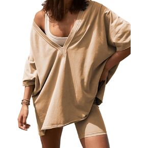 2 Two Piece Outfits for Women Summer Oversized Workout V Neck T Shirts Biker Shorts Matching Sets(Khaki-S)