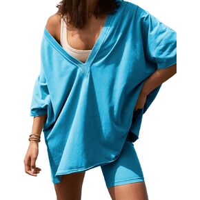 2 Two Piece Outfits for Women Summer Oversized Workout V Neck T Shirts Biker Shorts Matching Sets(Sapphire-XL)