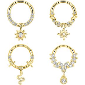 Qmcandy 4pcs Stainless Steel 16G Septum Clicker Hinged Segment Ring with Dangle Sun Star Snake Butterfly Charm