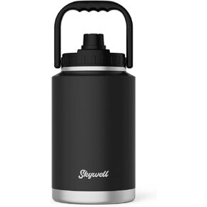 SkyWell 128 Oz Insulated Water Bottle Sleeve and Cup Kit Wide Mouth Water Flask Sweat-Proof and Leak-Proof 1 Gallon Stainless Steel Water Jug for Outdoors, Navy Kit