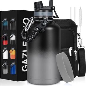 Insulated Water Bottle 64 oz, Half Gallon Water Jug Cold 48H, BPA Free Stainless Steel Bottles with Straw/Chug 2-in-1 Lid, Bag, Paracord Handle, Silicone Boot, Sports Gym School Metal Flask
