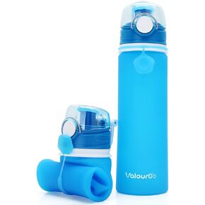 Valourgo Collapsible Water Bottle, Silicone Foldable with Leak Proof Valve BPA Free, Aqua Blue, 21 oz