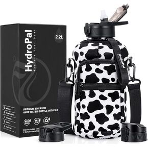 Half Gallon Water Bottle with Storage Sleeve, 74oz Large Water Bottle with 2 Lids(Straw Lid and Chug Lid), Big Sports Water Jug for Gym with Strap, BPA-Free Drink Container with Handle