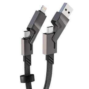 60W 4-in-1 USB C Fast Charging Cable with Data Sync, MFi Certified Flat Braided Apple Car Play Cord & Android Auto USB C Cable Combo Lightning/Type C/USB A Ports for iPhone 15/14/13 Android Laptop,3ft