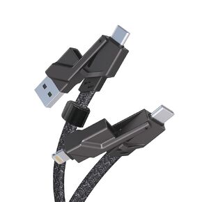 كابل شحن سريع 60 وات USB C 4 في 1 مع مزامنة البيانات، سلك تشغيل سيارة Apple مضفر مسطح معتمد من MFi وكابل USB C تلقائي Android كومبو لايتنينج/النوع C/USB A لمنافذ iPhone 15/14/13 Android المحمول، 3 أقدام
