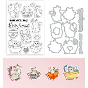 BENECREAT 2pcs Cat Pattern Stamps and Metal Dies for Card Making, Cat Bathing, Playing and Sleeping Clear Stamp and Cutting Die Sets for Holiday Card Making Decoration