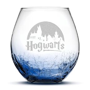 Integrity Bottles, School of Wizardry, Stemless Wine Glass, Handmade, Handblown, Hand Etched Gifts, Sand Carved, 18oz (Crackle Blue)