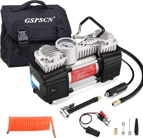 GSPSCN منفاخ الإطارات المحمولة مضخة ضاغط الهواء ذات الأسطوانة المزدوجة مع ضوء LED، مضخة هواء 12 فولت لإطارات السيارات، مضخة إطارات معدنية شديدة التحمل 150 رطل لكل بوصة مربعة مع قفل ظرف الهواء للسيارات، سيارات الدفع الرباعي، المركبات الترفيهية، الشاحنات، ا in Kuwait
