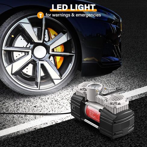 GSPSCN منفاخ الإطارات المحمولة مضخة ضاغط الهواء ذات الأسطوانة المزدوجة مع ضوء LED، مضخة هواء 12 فولت لإطارات السيارات، مضخة إطارات معدنية شديدة التحمل 150 رطل لكل بوصة مربعة مع قفل ظرف الهواء للسيارات، سيارات الدفع الرباعي، المركبات الترفيهية، الشاحنات، ا in Kuwait