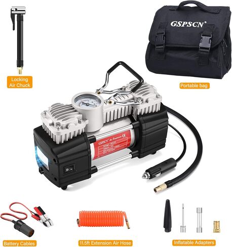 GSPSCN منفاخ الإطارات المحمولة مضخة ضاغط الهواء ذات الأسطوانة المزدوجة مع ضوء LED، مضخة هواء 12 فولت لإطارات السيارات، مضخة إطارات معدنية شديدة التحمل 150 رطل لكل بوصة مربعة مع قفل ظرف الهواء للسيارات، سيارات الدفع الرباعي، المركبات الترفيهية، الشاحنات، ا in Kuwait
