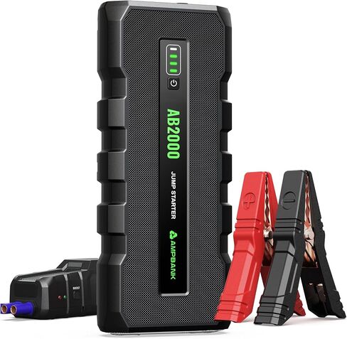 جهاز Jump Starter، بطارية 2000 أمبير محمولة، بطارية سيارة 12 فولت لتشغيل محركات الديزل حتى 8 لتر/6 لتر، حزمة القفز مع كابلات التوصيل وحقيبة حماية EVA (AB2000) - أسود داكن in Kuwait