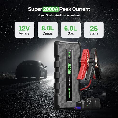 جهاز Jump Starter، بطارية 2000 أمبير محمولة، بطارية سيارة 12 فولت لتشغيل محركات الديزل حتى 8 لتر/6 لتر، حزمة القفز مع كابلات التوصيل وحقيبة حماية EVA (AB2000) - أسود داكن in Kuwait