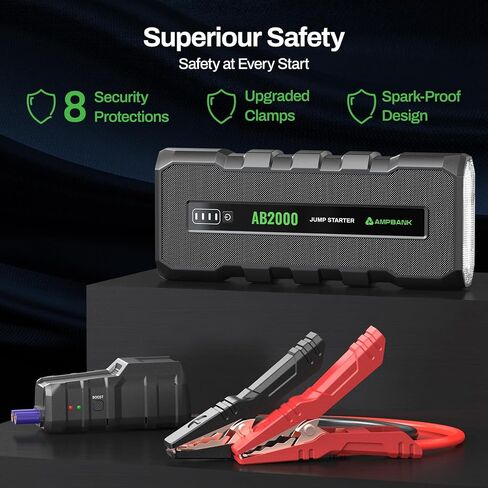 جهاز Jump Starter، بطارية 2000 أمبير محمولة، بطارية سيارة 12 فولت لتشغيل محركات الديزل حتى 8 لتر/6 لتر، حزمة القفز مع كابلات التوصيل وحقيبة حماية EVA (AB2000) - أسود داكن in Kuwait