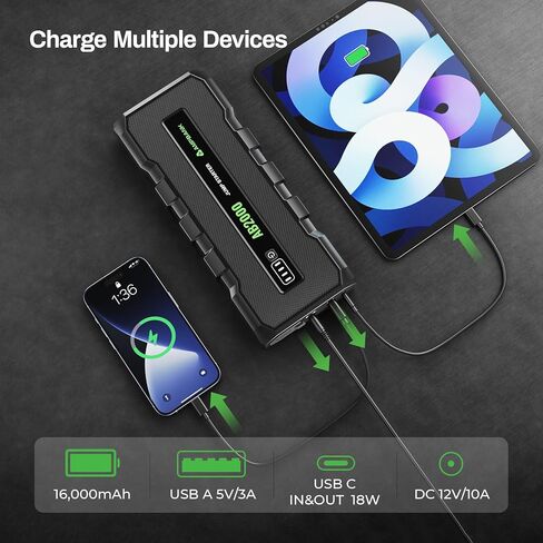 جهاز Jump Starter، بطارية 2000 أمبير محمولة، بطارية سيارة 12 فولت لتشغيل محركات الديزل حتى 8 لتر/6 لتر، حزمة القفز مع كابلات التوصيل وحقيبة حماية EVA (AB2000) - أسود داكن in Kuwait