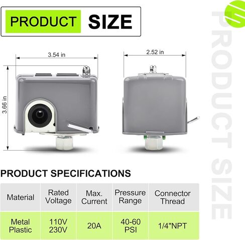 مفتاح ضغط المياه FLUENTPOWER 40-60 رطل لكل بوصة مربعة، مفتاح مضخة هواء للتحكم في مضخة البئر مع 1/4 بوصة أنثى NPT، مفتاح قطع الضغط المنخفض، عمود زنبركي تفاضلي مزدوج قابل للتعديل in Kuwait
