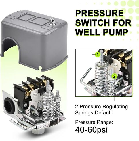 مفتاح ضغط المياه FLUENTPOWER 40-60 رطل لكل بوصة مربعة، مفتاح مضخة هواء للتحكم في مضخة البئر مع 1/4 بوصة أنثى NPT، مفتاح قطع الضغط المنخفض، عمود زنبركي تفاضلي مزدوج قابل للتعديل in Kuwait