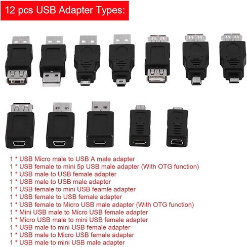 محول USB صغير VGEBY، 12 قطعة محولات USB2.0 متعددة محولات ذكر أنثى صغيرة موصلات تحويل موصل دعم الشحن محول USB صغير إلى محول USB أنثى in Saudi Arabia