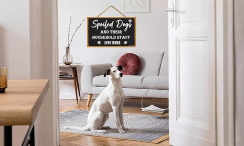 علامة الكلاب المدللة وموظفيها يعيشون هنا، 11 × 6 بوصة لافتة خشبية معلقة لديكور المنزل، لافتات عائلية لهدية ديكور المنزل، هدايا علامة ديكور غرفة الكلب، علامة فنية جدارية لديكور المنزل (CA7US-022) in Kuwait