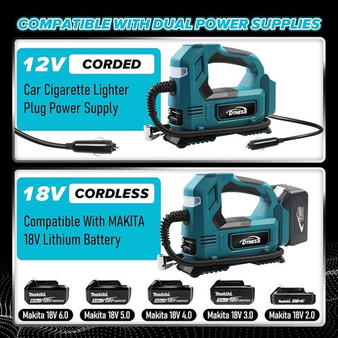 ضاغط هواء لاسلكي مع كابل سيارة و3 فوهات، مضخة إطارات كهربائية محمولة 160 رطل لكل بوصة لماكيتا 18 فولت، منفاخ إطارات لاسلكي للسيارات والدراجات النارية وكرات الدراجات (بدون بطارية) in Kuwait