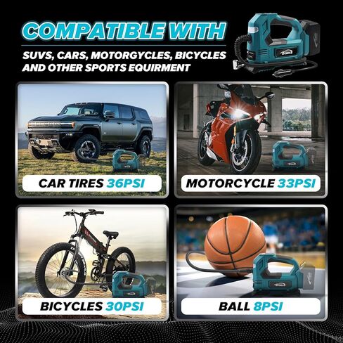 ضاغط هواء لاسلكي مع كابل سيارة و3 فوهات، مضخة إطارات كهربائية محمولة 160 رطل لكل بوصة لماكيتا 18 فولت، منفاخ إطارات لاسلكي للسيارات والدراجات النارية وكرات الدراجات (بدون بطارية) in Kuwait