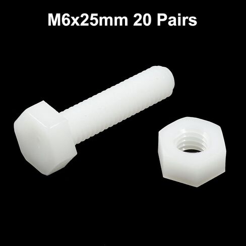 20 Pair Nylon Hex Bolts, M8x25mm Thread, Plastic White Hex Head Cap Screws and Nuts Set in Saudi Arabia