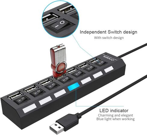 موزع USB متعدد المنافذ من بارسون، موزع USB 2.0 ذو 7 منافذ للكمبيوتر المحمول، موسع منفذ USB مع مفتاح تشغيل/إيقاف فردي متوافق مع جميع أجهزة USB in Kuwait