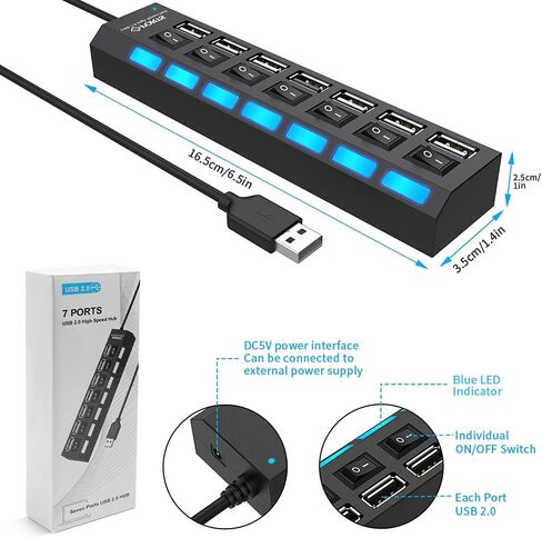 موزع USB متعدد المنافذ من بارسون، موزع USB 2.0 ذو 7 منافذ للكمبيوتر المحمول، موسع منفذ USB مع مفتاح تشغيل/إيقاف فردي متوافق مع جميع أجهزة USB in Kuwait
