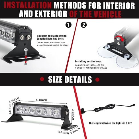 4X 6.1 بوصة أضواء الشرطة القوية في حالات الطوارئ أحمر / أزرق 24 LED مقاوم للماء تحذير المخاطر وامض سلامة داش أمامي / خلفي / جانبي أضواء الزجاج الأمامي للاستجابة الأولى لشاحنات السيارات in Kuwait