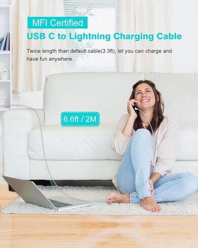 2 حزمة كابل شحن USB C إلى L بطول 6.6أقدام، سلك شاحن فائق السرعة لهاتف iPhone 13 12 11 Pro Max XS XR X 8 وiPad Pro Air Mini ومزامنة البيانات عالية السرعة in Kuwait
